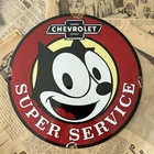 VINTAGE CHEVROLET SUPER SERVICE FELIX THE CAT 12 INCH PORCELAIN ENAMEL SIGN