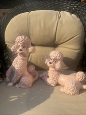2 Atlantic Mold 1950 Vintage Ceramic Pink Poodle Figurine with Pink Collar 10.5"
