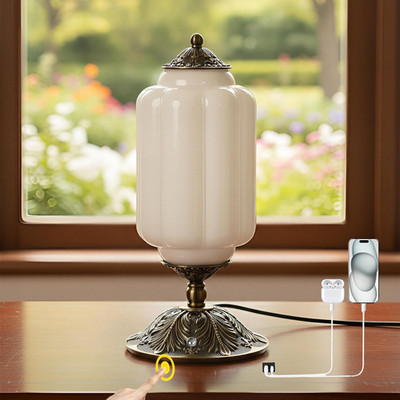 Vintage Touch Bedside Table Lamp, Elegant Milk White Glass Desk Lamp 3 Way Dimma