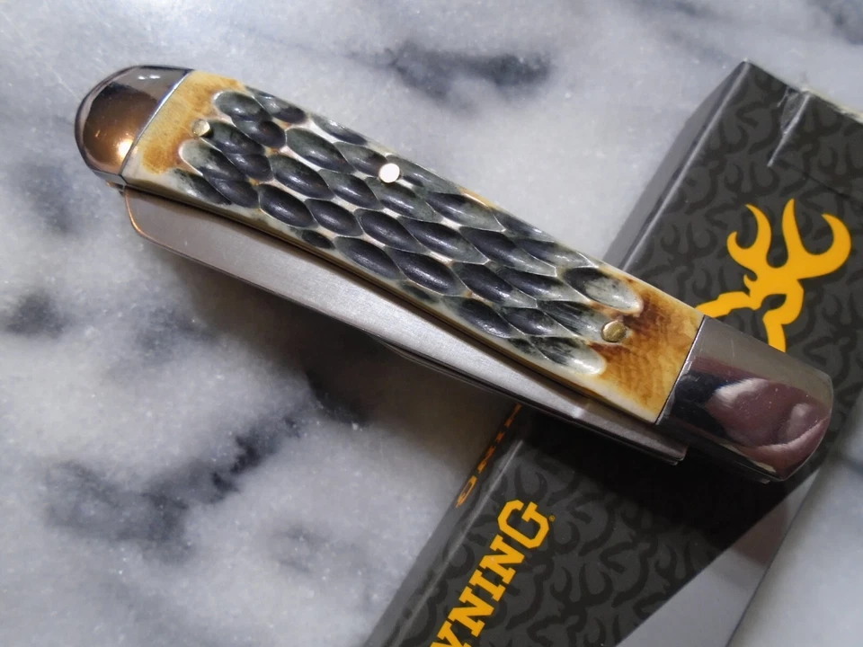 Carpeta de cuchillo de bolsillo Browning Burnt Jig Bone 2 hojas trampero BR0551B 4" cerrada Foto 3 de 4
