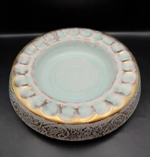 Vtg Stangl Pottery Antique Gold Aqua & Gold Round Ashtray/Ruffle Edge Bowl #5002