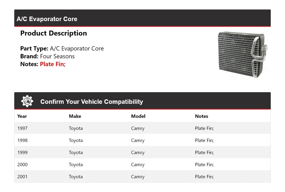 Núcleo evaporador aire acondicionado Toyota Camry 1997-2001 4 estaciones 1998 1999 2000 Foto 2 de 4