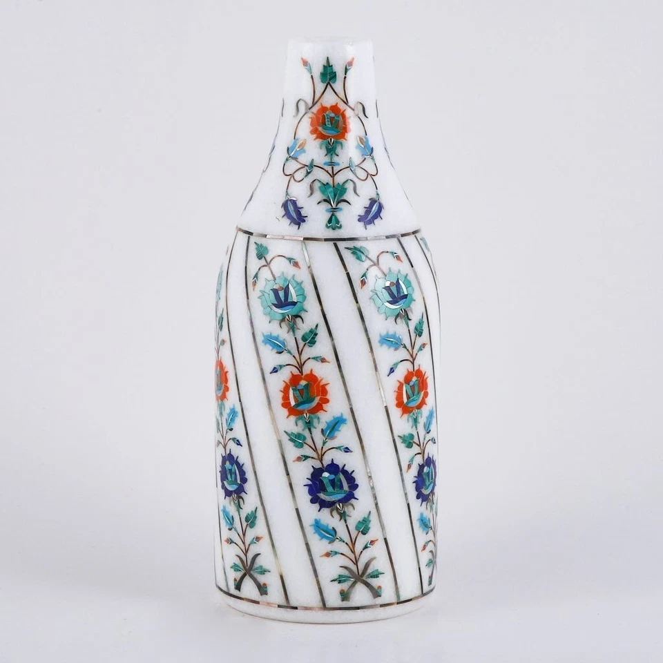 8 Zoll weiße Marmor Blumen Intarsien Vase Türkis Blumentopf - Bild 2 von 4