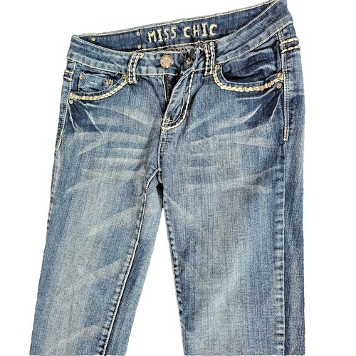 MISS CHIC Low Rise Boot Cut EMBELLISHED DENIM JEANS sz 9 meas 32 x
