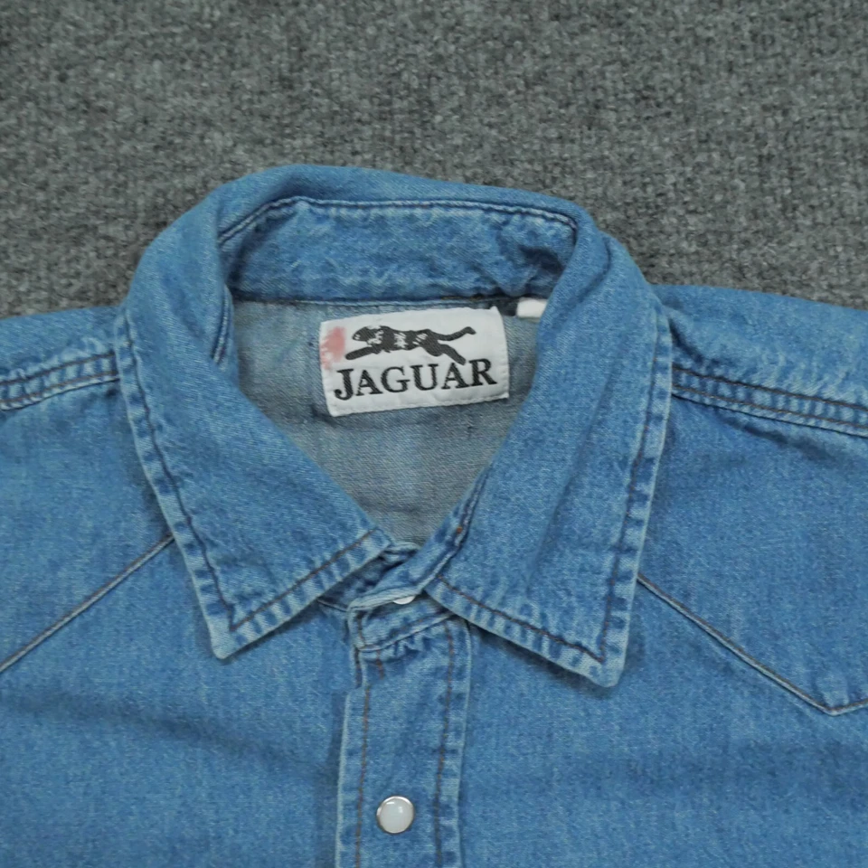 Camisa Jaguar De Colección Para Hombres XL Azul Denim Jean Perla Snap Western Años 90 Foto 3 de 4