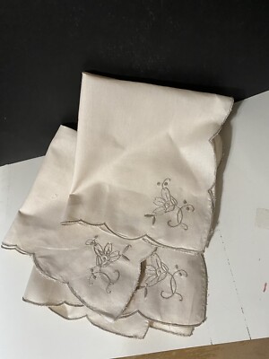 3 Vintage Embroidered Scalloped Edge Linen Napkins silver thread embroidered 