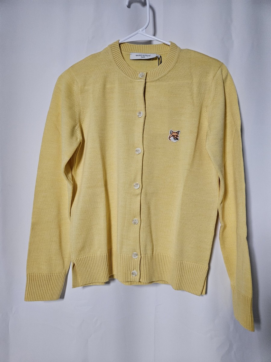 Maison Kitsuné Women's Fox Head Patch Cardigan in Soft Yellow Maison Kitsuné Women's Fox Head Patch Cardigan in Soft Yellow