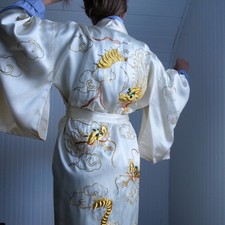 Vintage white satin kimono robe with gold bouillon dragons and clouds