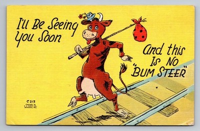 Vintage E.C. Kropp Cartoon Cow Postcard I'll Be Seeing You Soon
