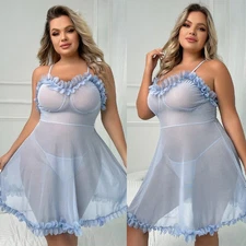 Plus Size Women's Sexy Nightdress Babydoll Sheer Sleepwear G-string Nightwear