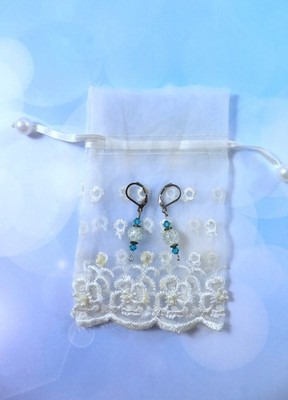 Vintage Artisan Crafted Earrings Crackle Glass Bead Aqua Crystal Accents Dangles