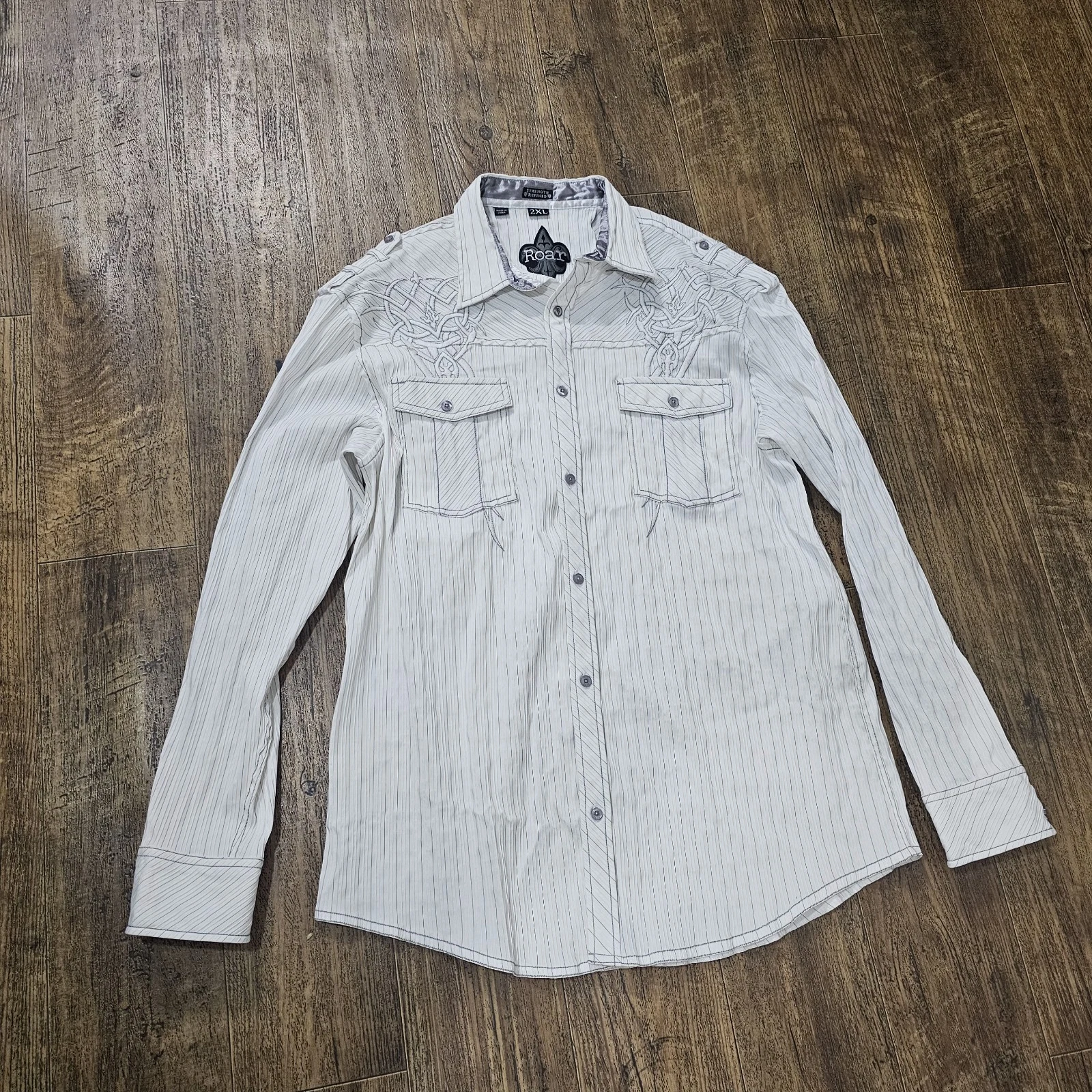 Roar Men's Shirt 2XL White Pinstripe Embroidered Western Strength Refined Button