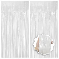 JEBUTU White Foil Fringe Backdrop Curtain 2 Pack 3.3x8.2 Ft,