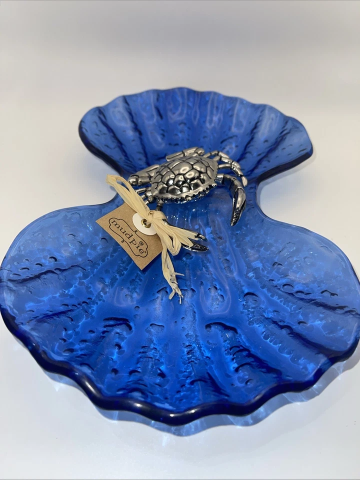 Mudpie 2013 Silver Crab Blue Glass Appetizer Dish Platter 12 Inch - Image 4 of 4