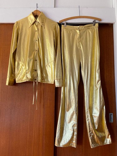Vintage 1970s Gold Set Pants Jacket Lurex Metallic Disco Glam Small Medium - Picture 4 of 6