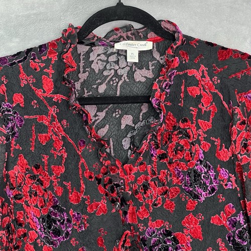 Coldwater Creek Mesh Crinkle Burnout Velvet Ruffle Button-Up Shirt Size PL - Bild 2 von 18