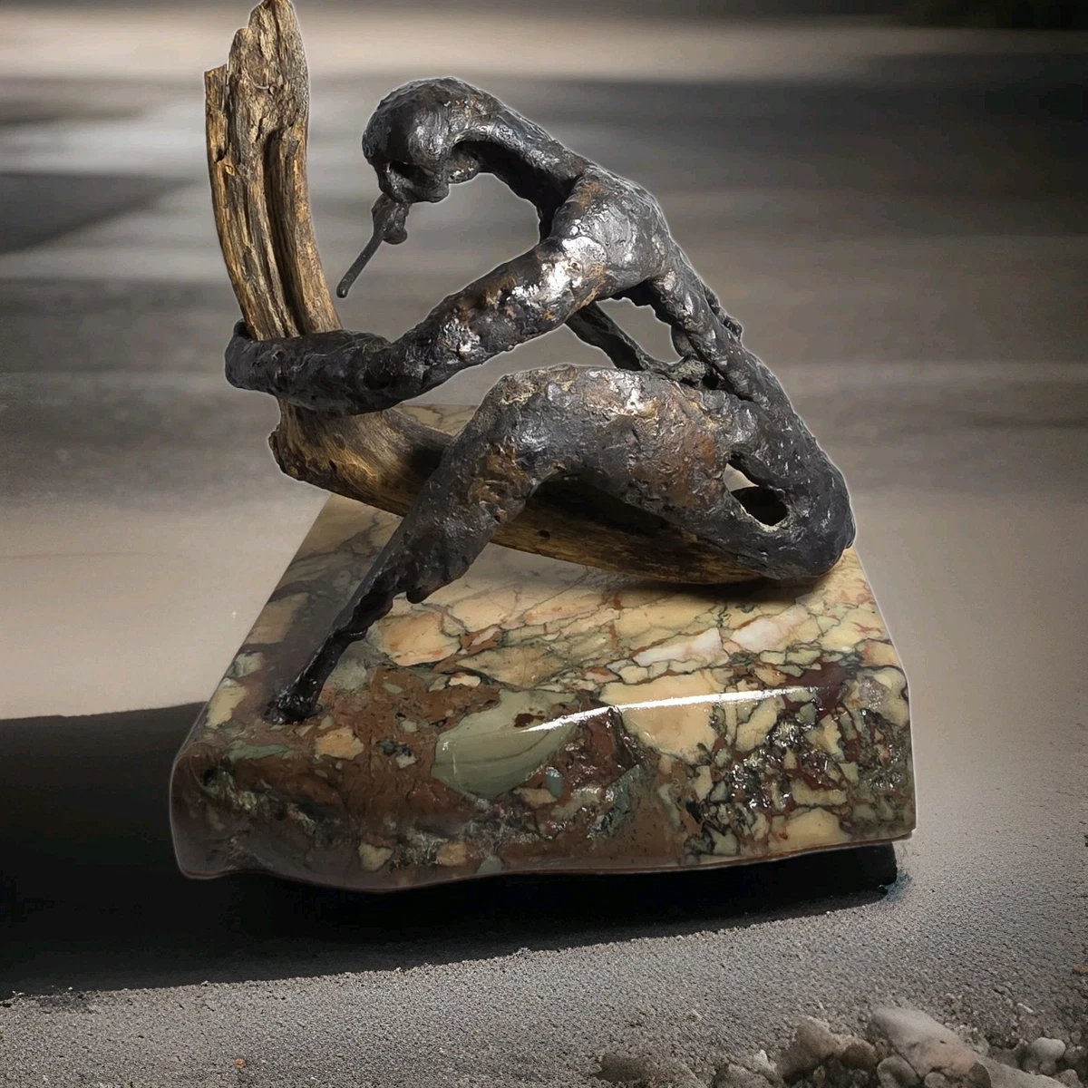 Century Brutalist Welded Metal & Wood Figurative Sculpture on Marbled Stone Base
