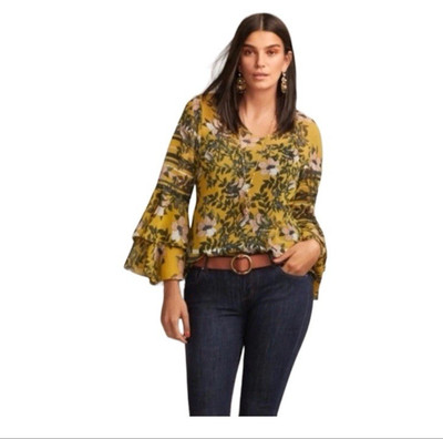 Cabi Spring Scene Blouse Mustard Floral Sheer Bell Sleeve Top Women's Sz Medium