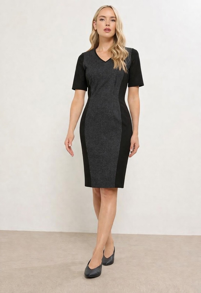 Long Tall Sally Gray Black Sheath Dress Size 8 Tall UK12 Lined Work Office Midi