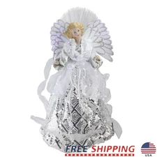 Silver Fur Christmas Tree Topper Angel W/ Fiber Optic Wings Holiday Decoration