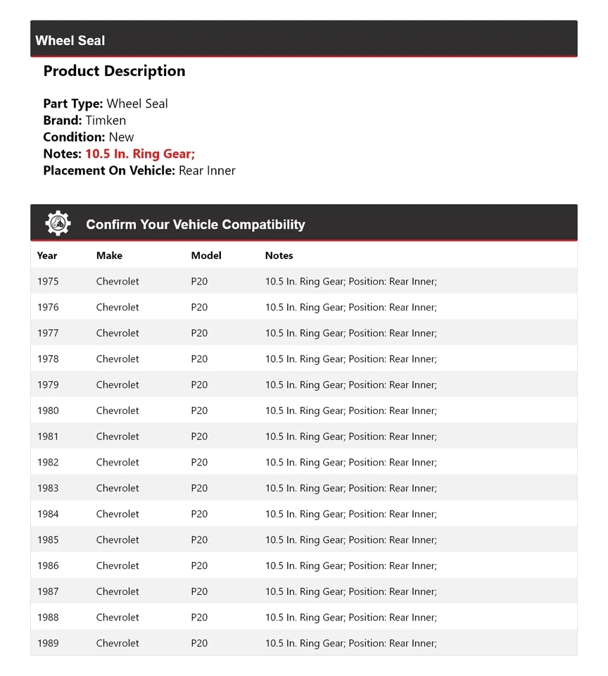 Para 1975-1989 Chevrolet P20 vedação de roda traseira interna Timken 1976 1977 1978 1979 - Imagem 2 de 4