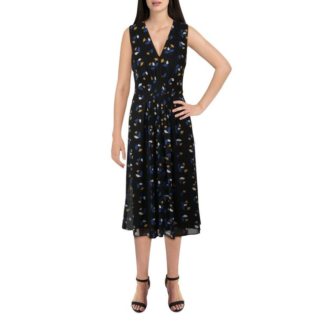 black mesh floral v neck midi dress