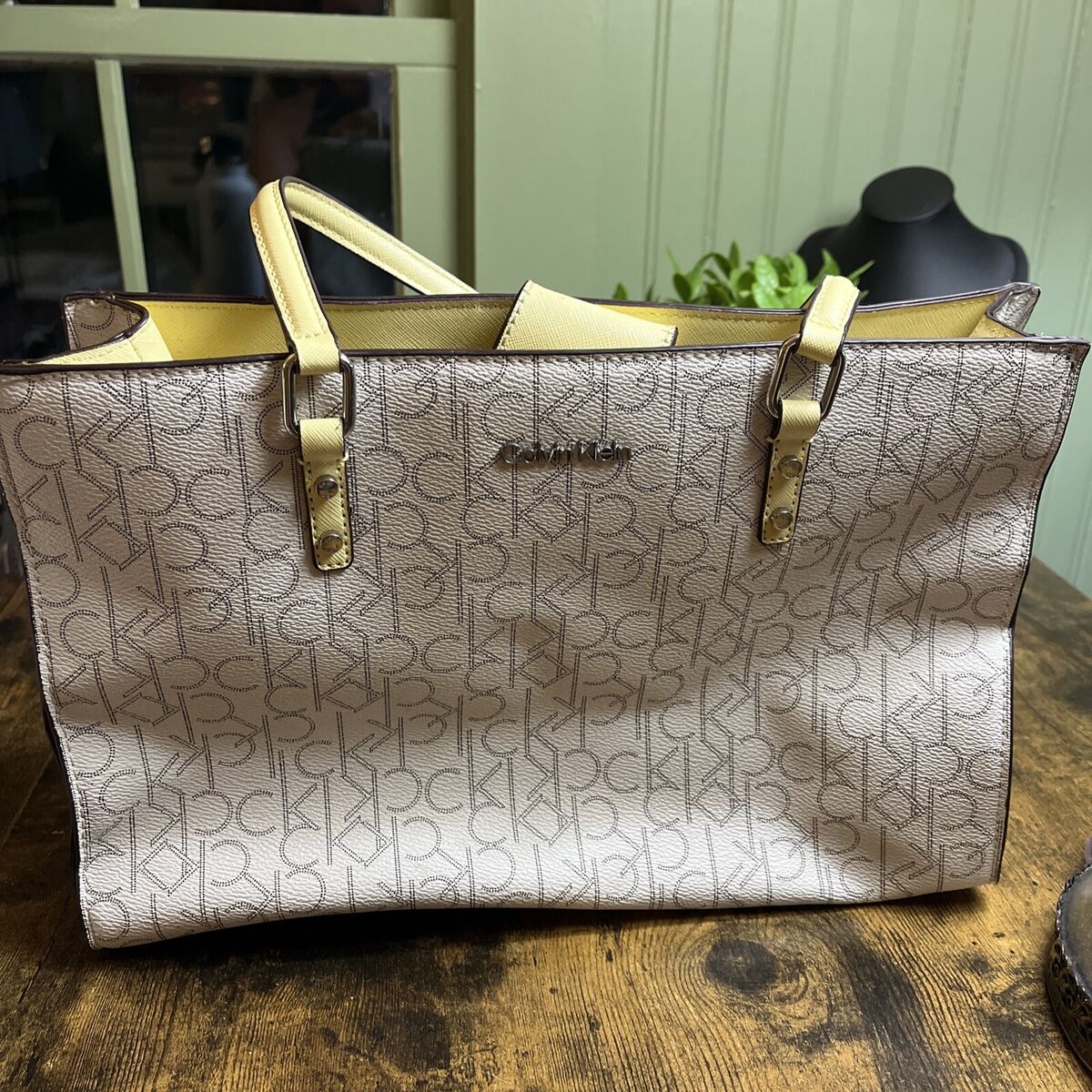 CALVIN KLEIN Monogram CK Signature Cream Satchel Hand-Bag CALVIN KLEIN Monogram CK Signature Cream Satchel Hand-Bag