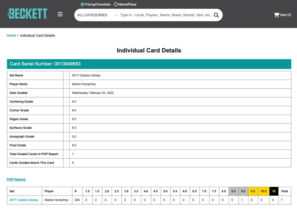 POP 1: Marlon Humphrey RC BGS 9+: 2017 Classics Glossy Rookie Card Gisto #264 - Image 3 of 3
