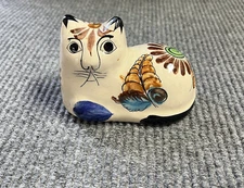 VTG Mexican Cat Ceramic Tonala Pottery Figurine  Folk Art Hand Painted Figurine