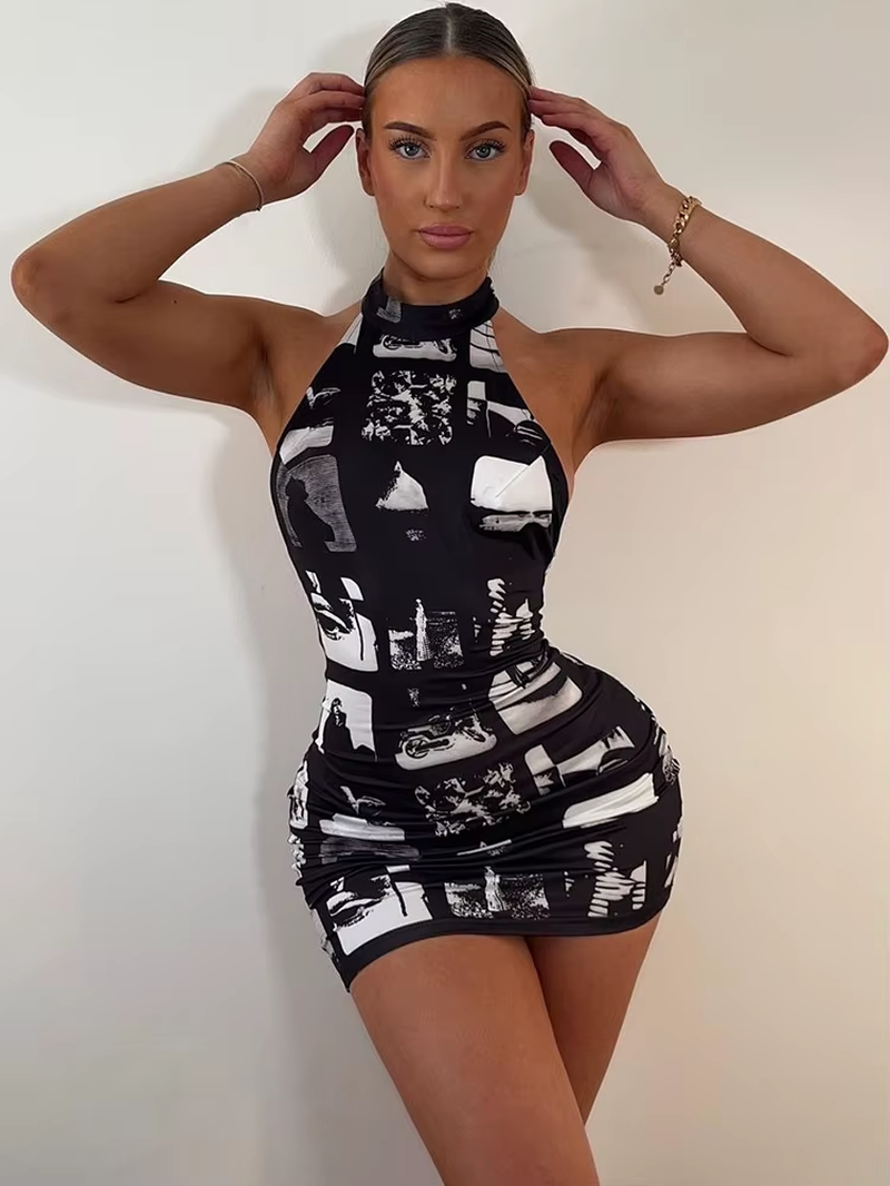 vintage print bodycon dress S M L Vintage Print Halter Sleeveless Backless Sexy Slim Bodycon Mini Dress