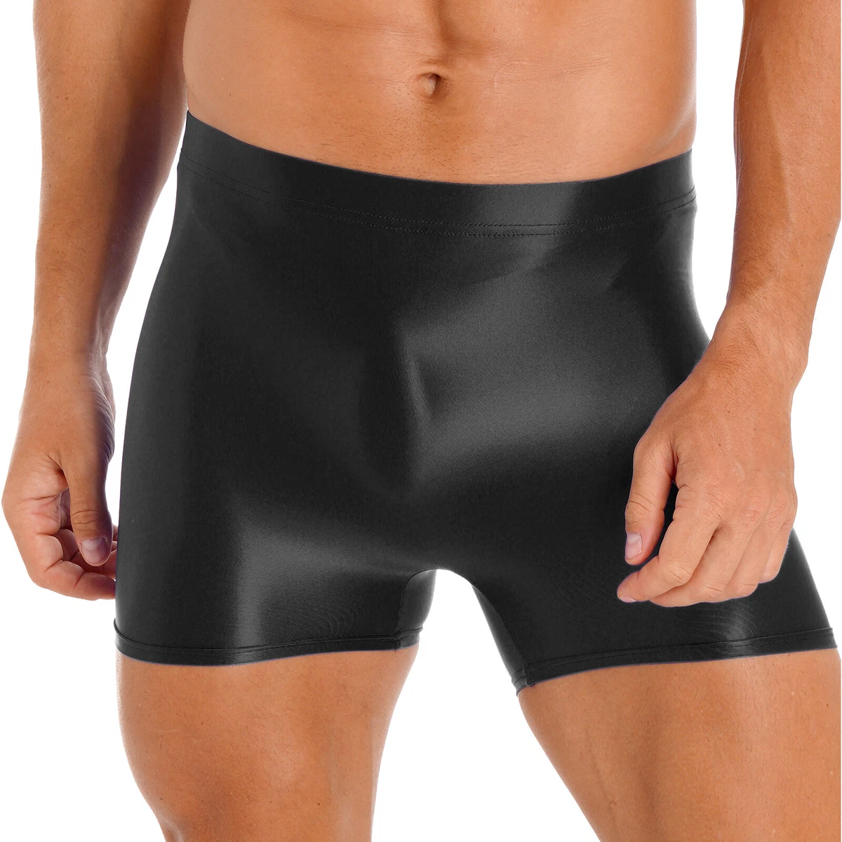 Mens Glossy Mid Waist Shorts Elastic Waistband Short Leggings Yoga