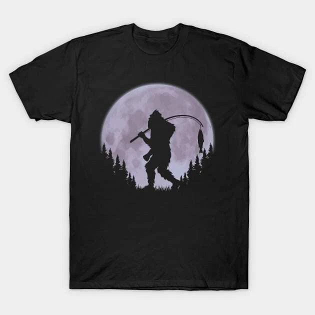 Bigfoot Fishing Moon Funny Sasquatch And Fish Made in Australia T-Shirt