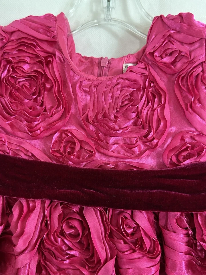 Hala Baloo Talla 4 Rosa Roseta Patrón Satén Fiesta Vestido Terciopelo Corbata Cinturón Foto 2 de 4