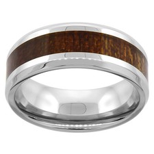 8mm Stainless Steel Wood Inlay Flat Wedding Band Ring, Beveled Edges Comfort Fit