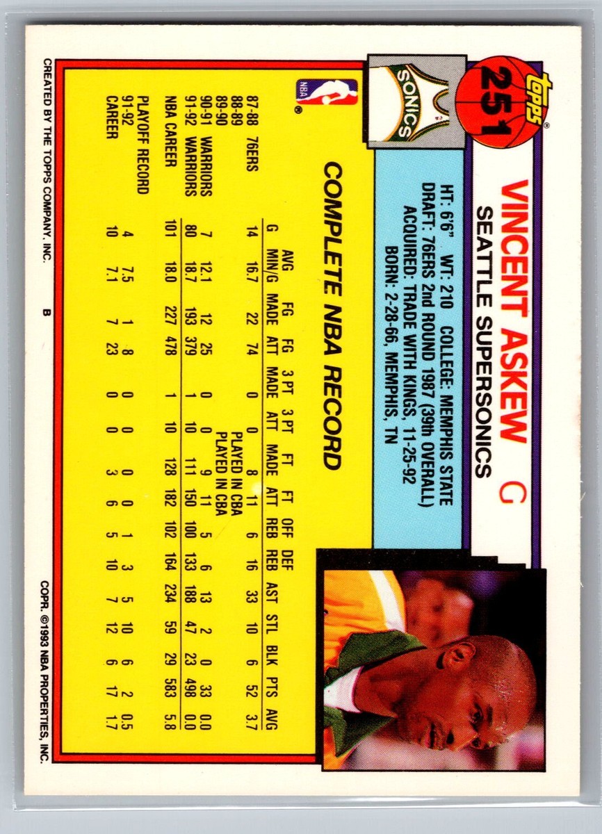 1992 Topps Basketball #251 Vincent Askew Seattle Supersonics | eBay