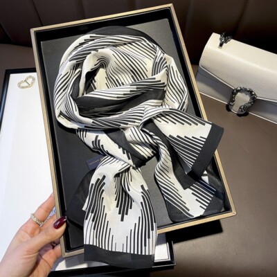 100% Pure Silk Long Scarf Women White Black Striped Neckerchief Tied ...