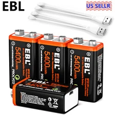 EBL 4Pack USB Rechargeable 9V Battery  Lithium LI-ion Batteries 5400mWh 9 Volt