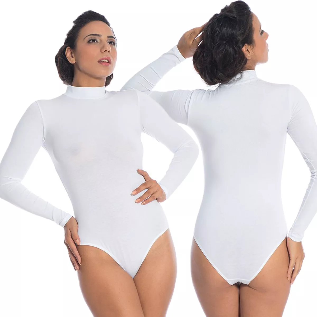 Womens Bodysuit Top Blouse Long Sleeve Leotard White thong Turtleneck Body  Suit