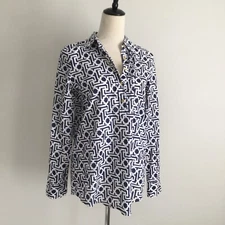 C WONDER Womens sz Small White Dark Blue Print Long Sleeve Tunic Shirt