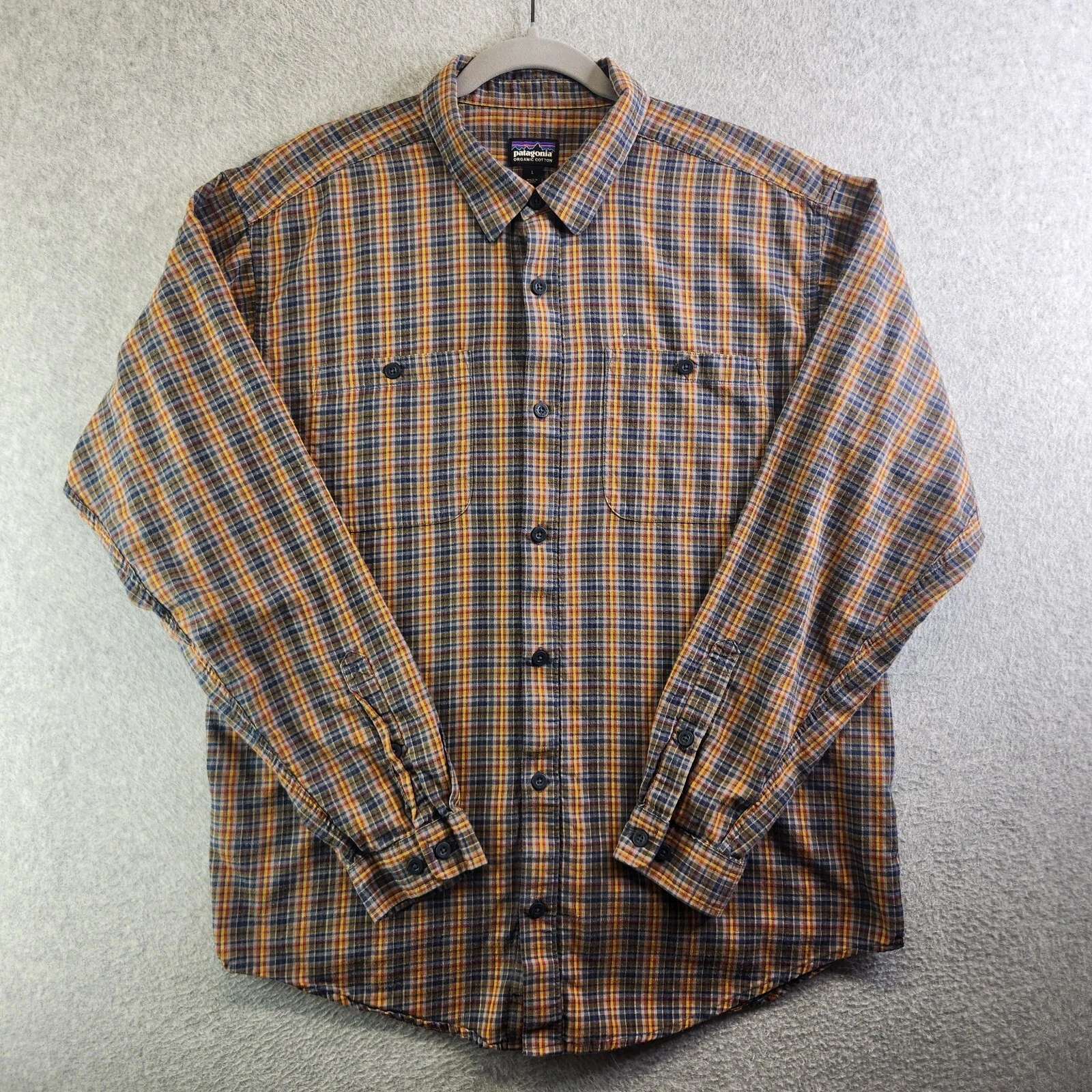 Patagonia Shirt Mens L Yellow Plaid Organic Cotton Flannel Pockets Outdoor Cabin