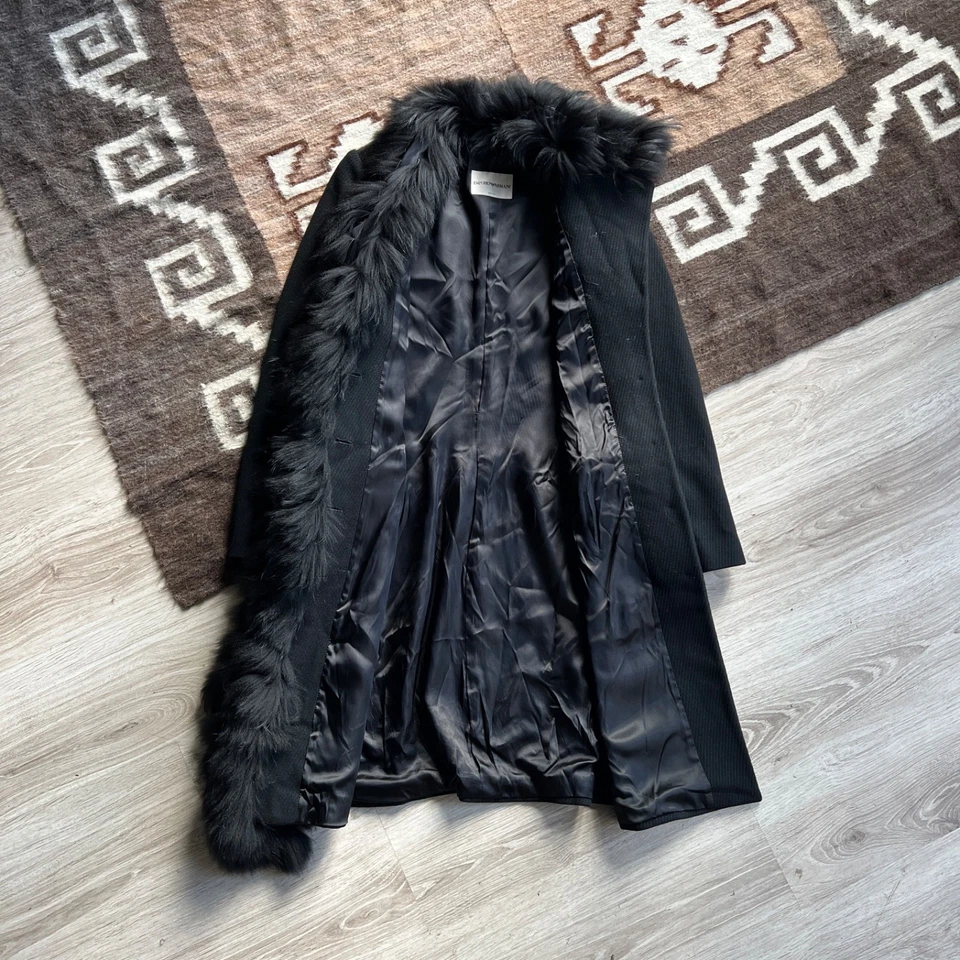 Abrigo Emporio Armani Negro Lana Piel Real Borde Cuello Talla M Foto 2 de 4