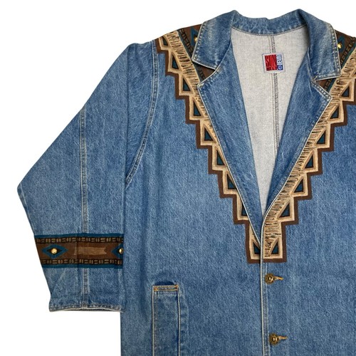 Vintage Sunbelt 90s Hand Painted Southwestern Maxi Denim Jacket Trenchcoat L - Bild 6 von 19