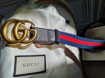 Gucci Belt Brass Buckle Marmont, Red & Navy Blue Belt strap, 105