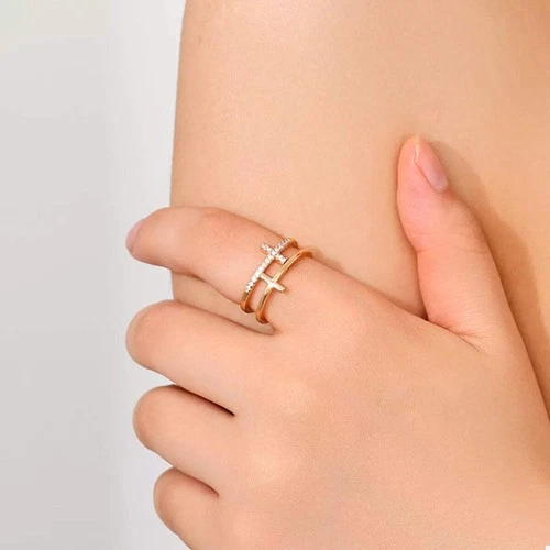 18K Gold-Plated Rhinestone Cross Open Ring