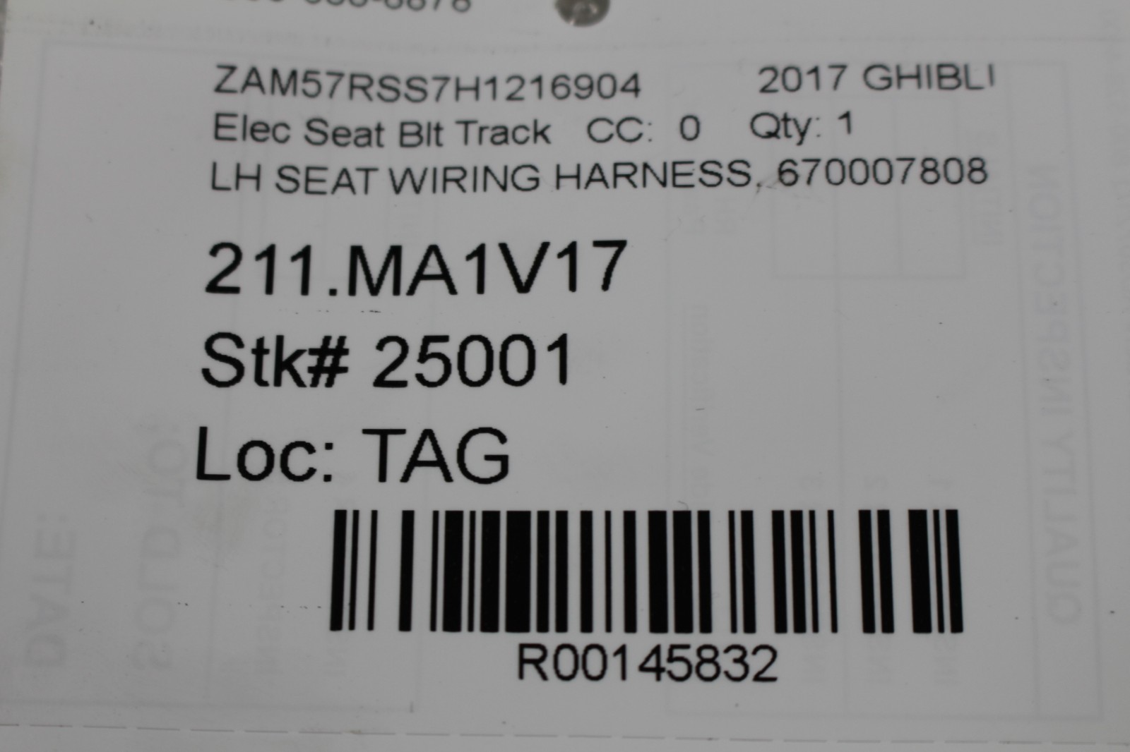 Maserati Ghibli, Levante, LH, Left, Seat Wire Harness, Used, P/N 670007808