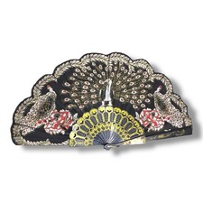 Black Gold Red Peacock Hand Fan Lace Trim Glitter Glam Burlesque Goth Gift