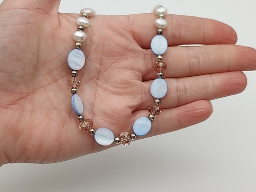 Abalone And Pearl Necklace Silver Tone Toggle Clasp 16.5" #10 - Picture 3 of 6