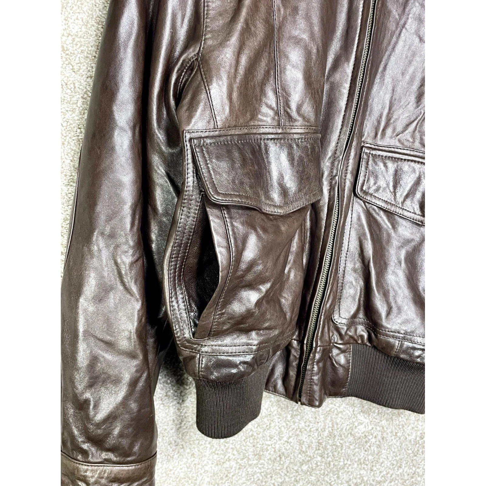 Roundtree & Yorke Lambskin Leather Bomber Jacket Mens S Brown Aviator Fur Moto - product detail image 3