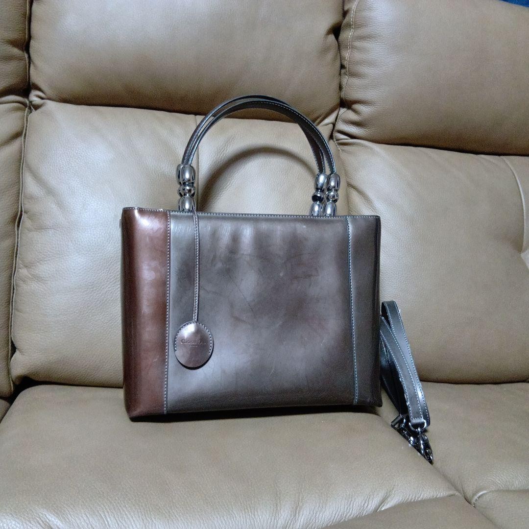 Dior 2Way Malice Pearl Shoulder Bag Leather Brown Authentic F1118243