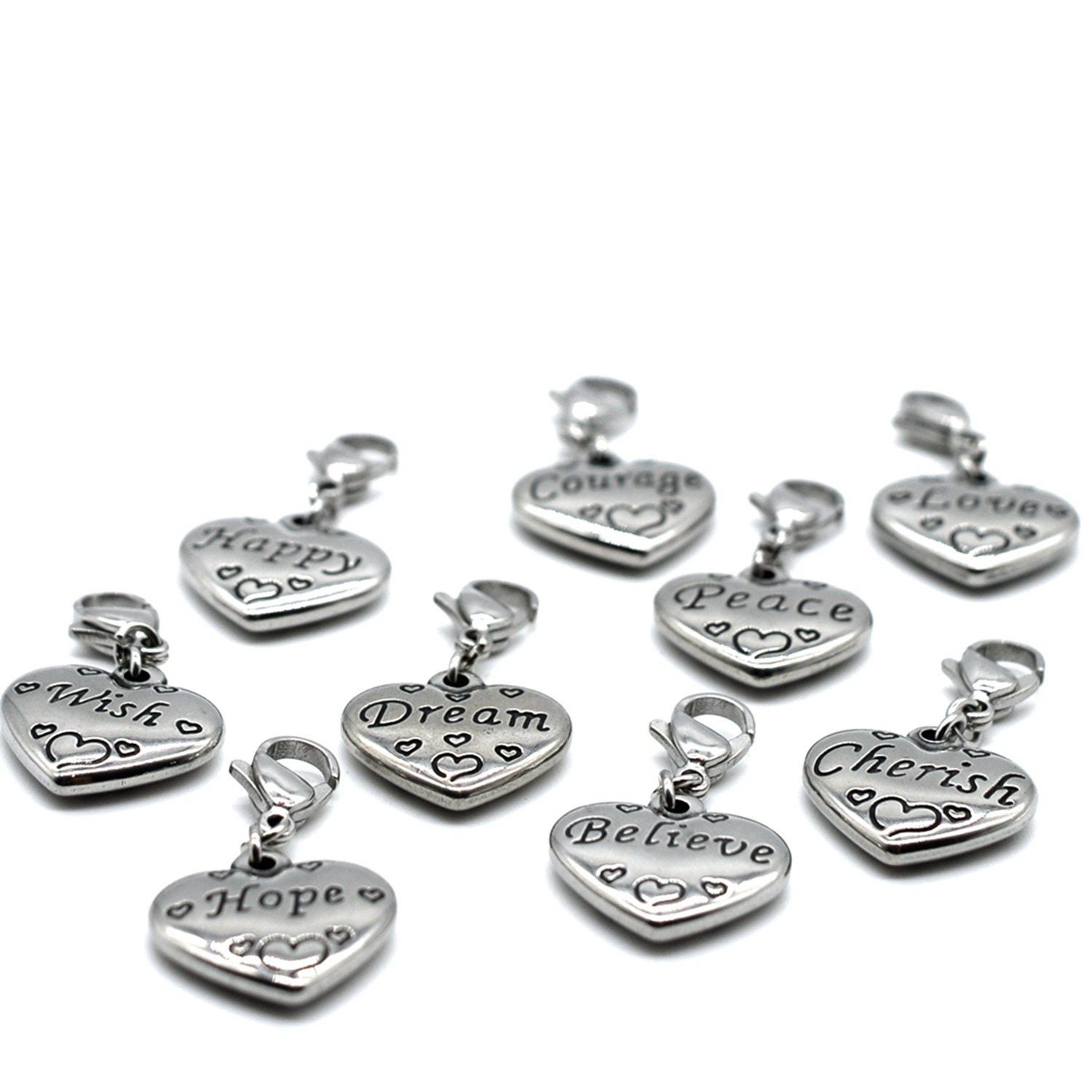 9PCS 9 Words Stainless Steel Clip-on Charm Collection, Believe, Cherish, Courag